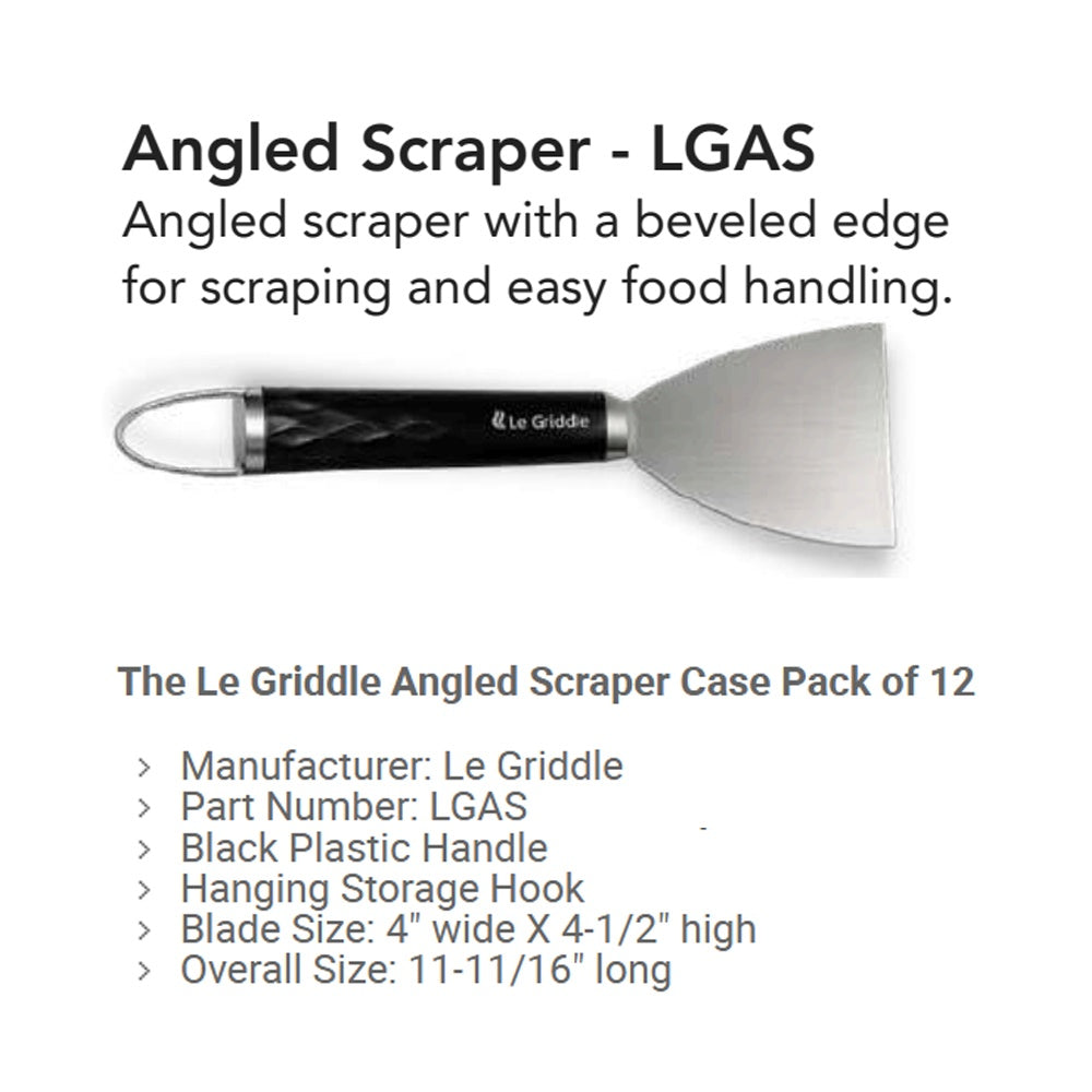 Angled griddle scraper with black handle, hanging loop, and stainless beveled blade