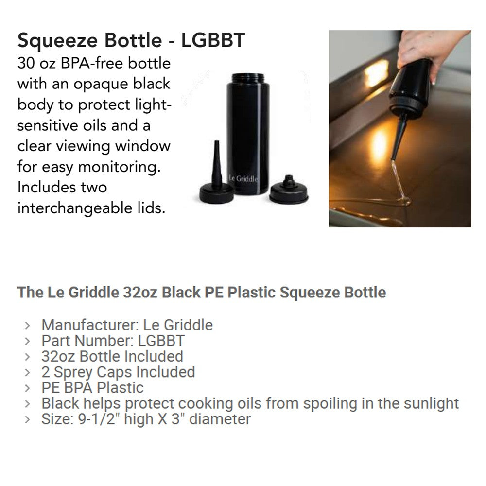 Black 30 oz squeeze bottle with interchangeable lids for monitoring and dispensing oil