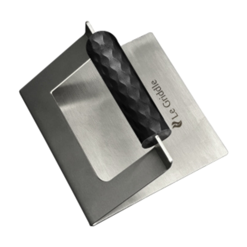 Le Griddle stainless steel square burger press with black textured handle, 6-inch