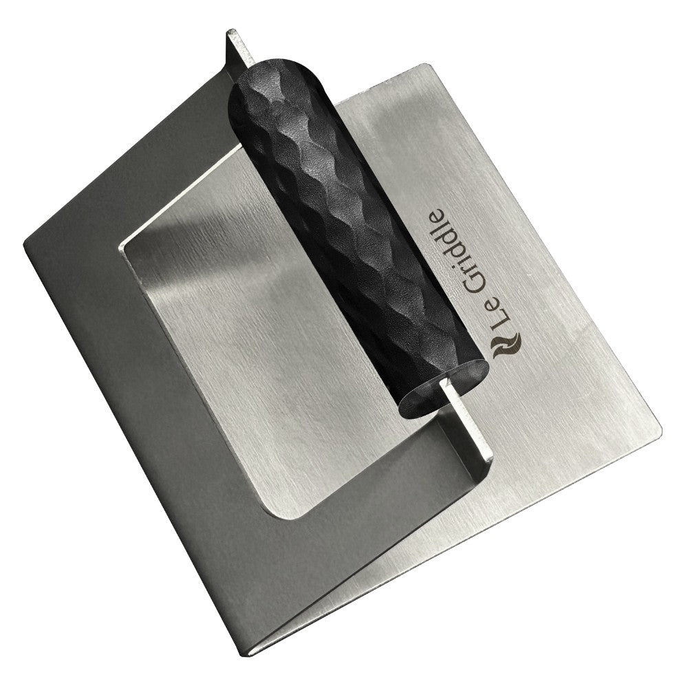 Square burger press with metal handle and textured lever, 6-inch cooking surface