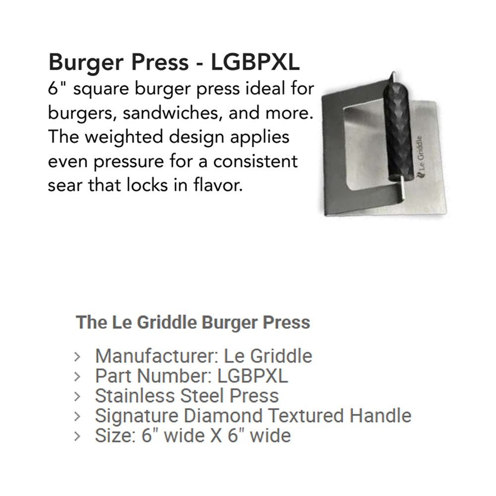 Le Griddle 6-inch square burger press, stainless steel plate with black handle