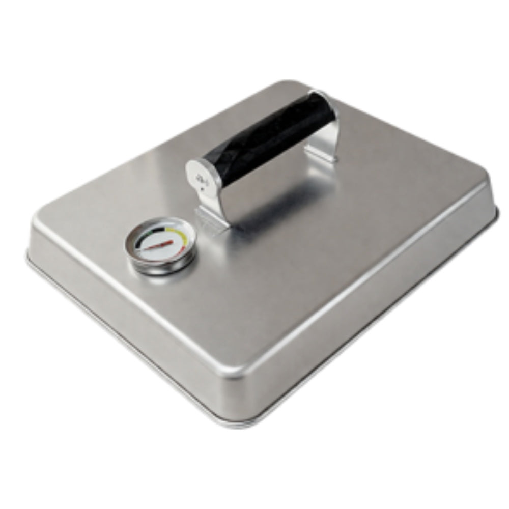 Stainless cooking dome base with black handle and analog temperature gauge