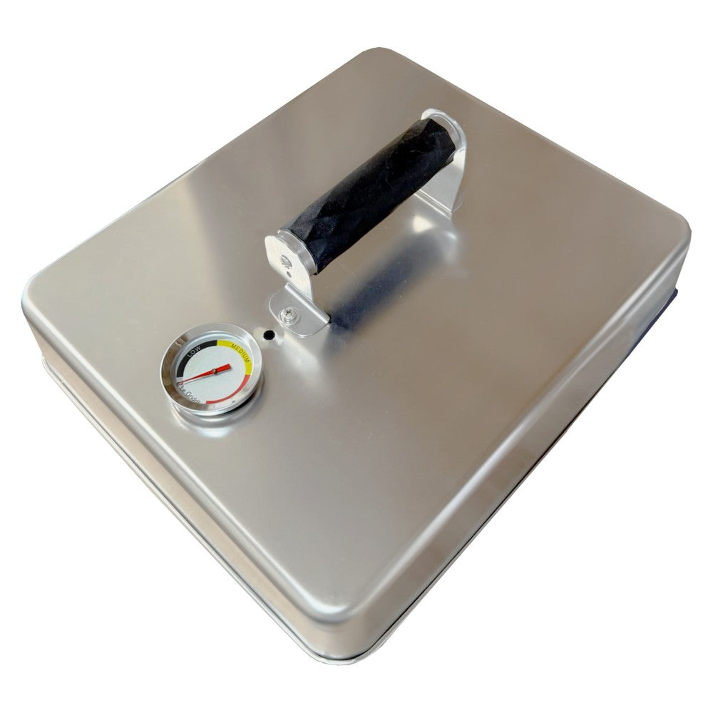 Stainless steel cooking dome with black handle and built-in thermometer gauge