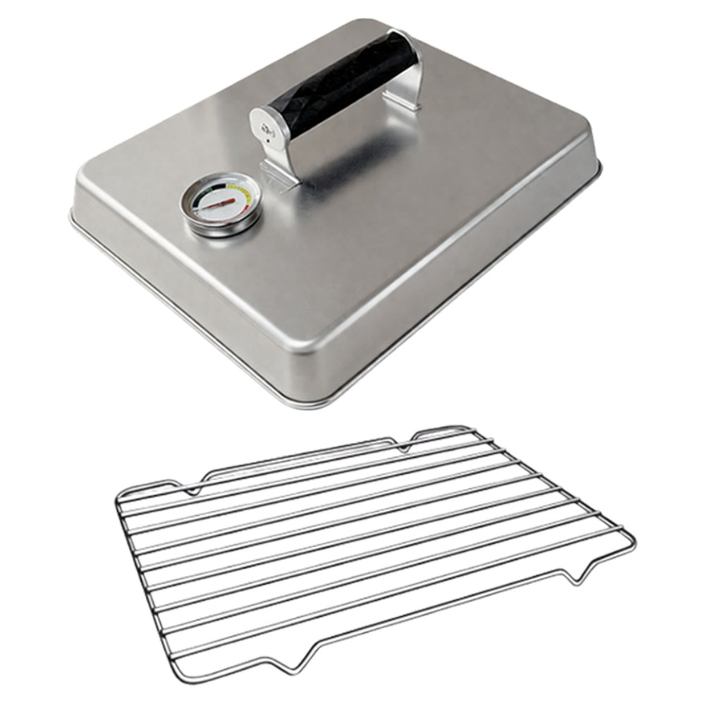 Stainless cooking dome with black handle, analog gauge, and wire warming rack