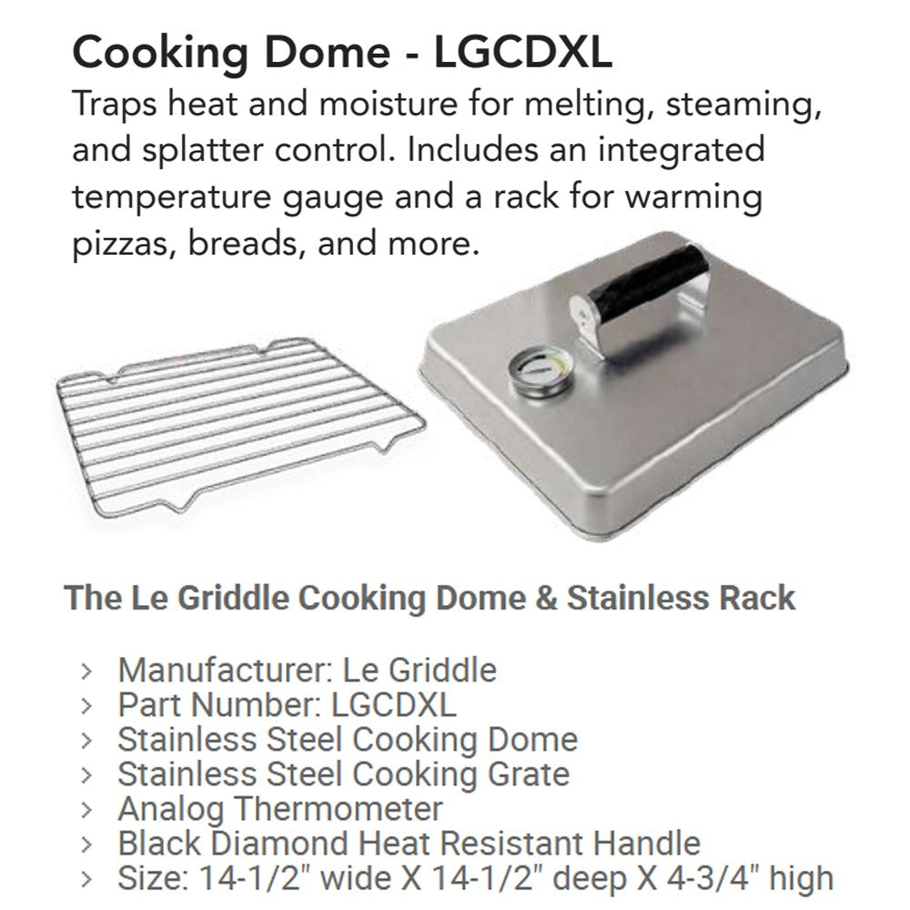 Cooking dome with stainless base, black handle, temperature gauge, and rack