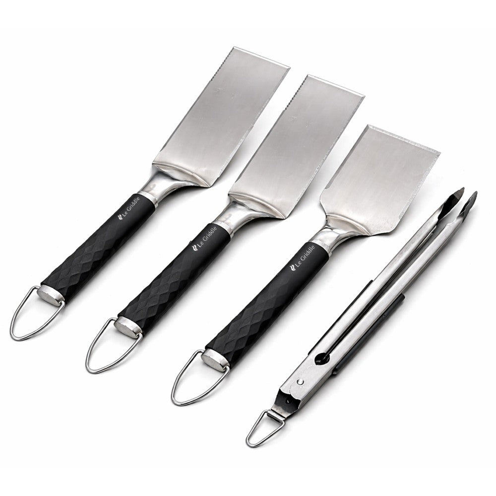 Le Griddle cooking spatula set with three stainless blades and black loop-handles