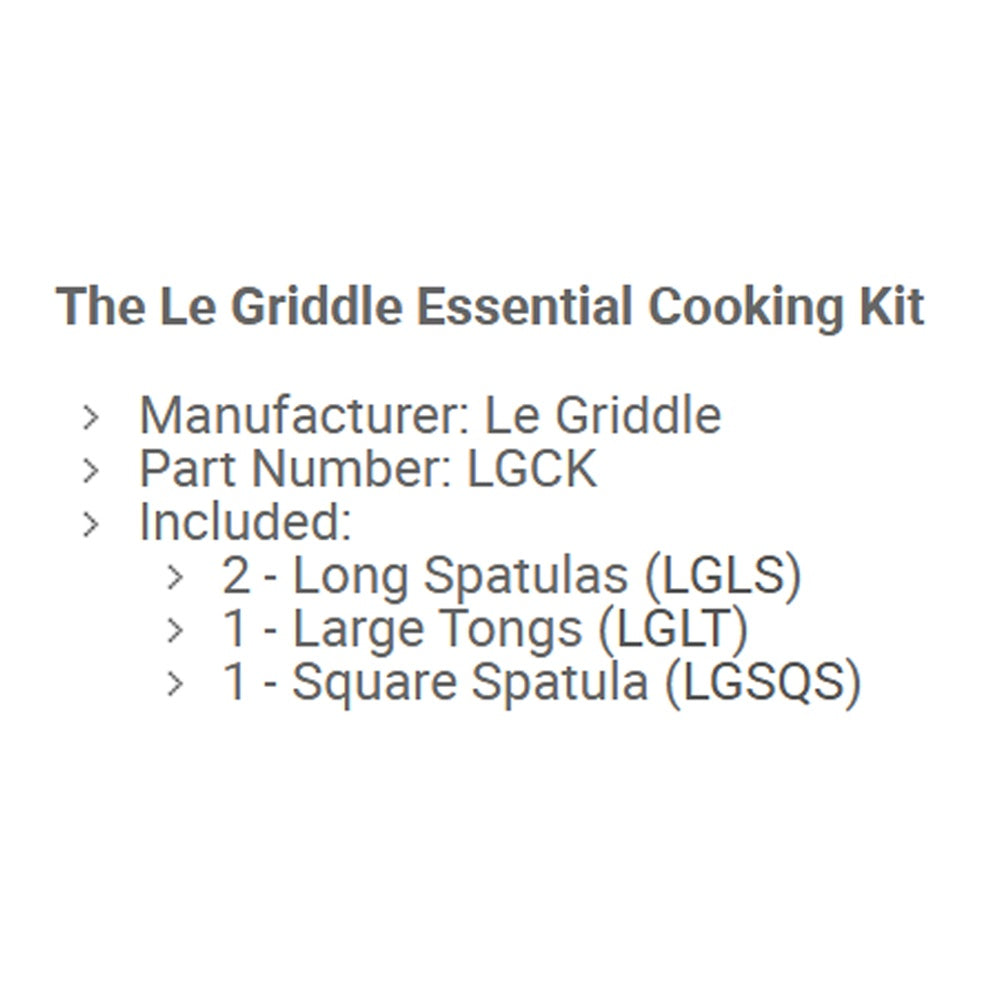 Cooking kit contents: 2 long spatulas, 1 large tongs, 1 square spatula