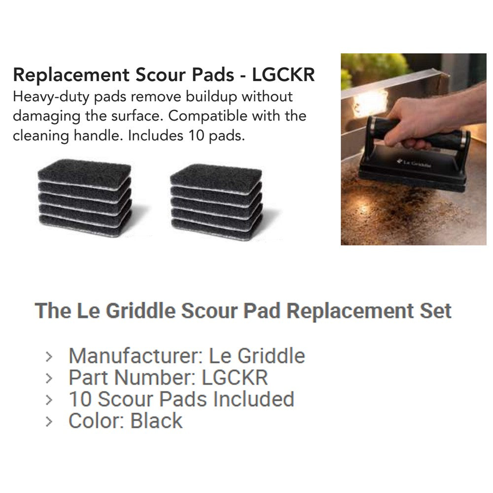 Set of black replacement scour pads, multiple stacked, for heavy-duty griddle cleaning