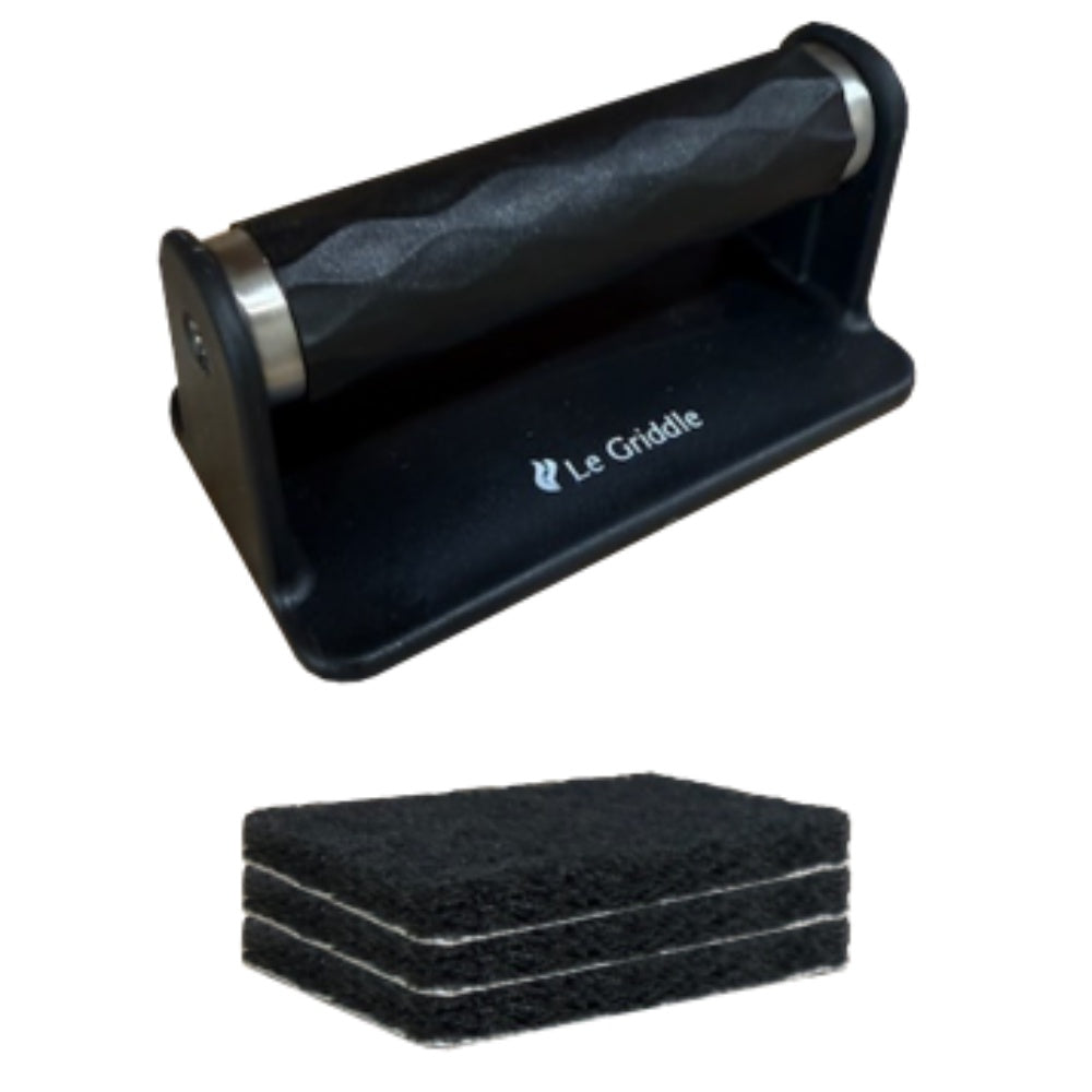 Le Griddle cleaning handle and three black scouring pads with holder tray