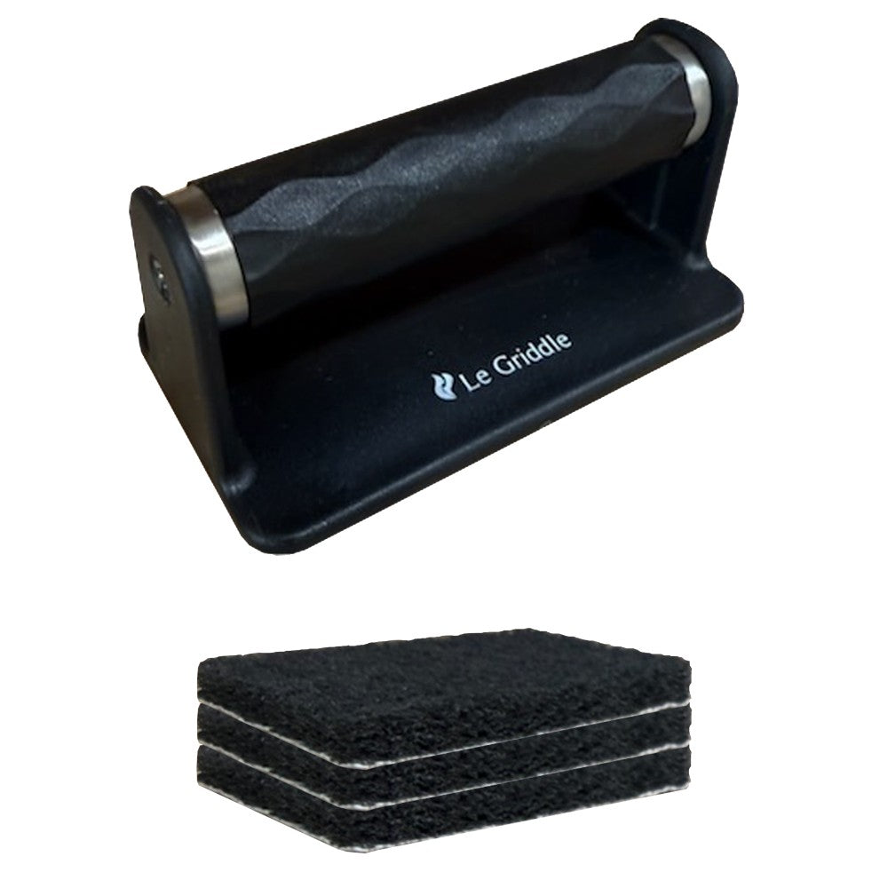 Black cleaning kit with holder and stacked scrub pads