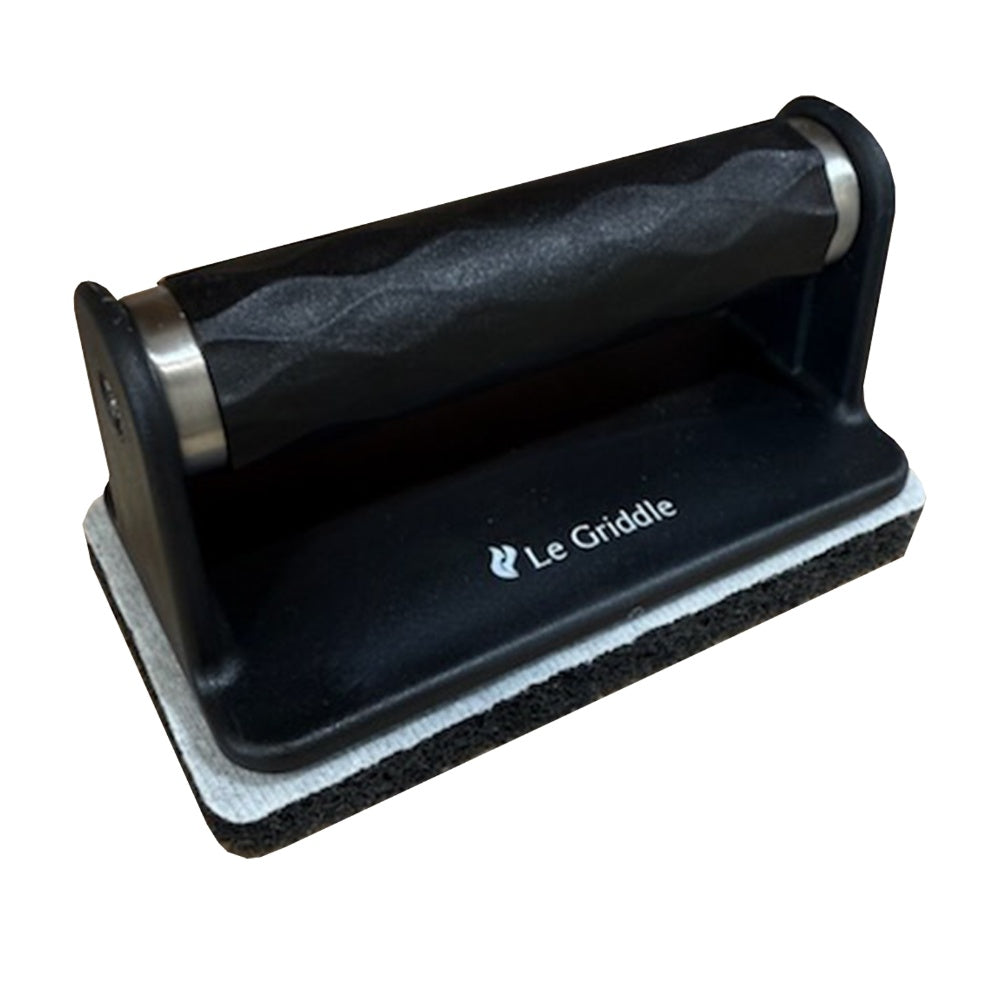 Le Griddle cleaning handle on tray with attached gray scouring pad