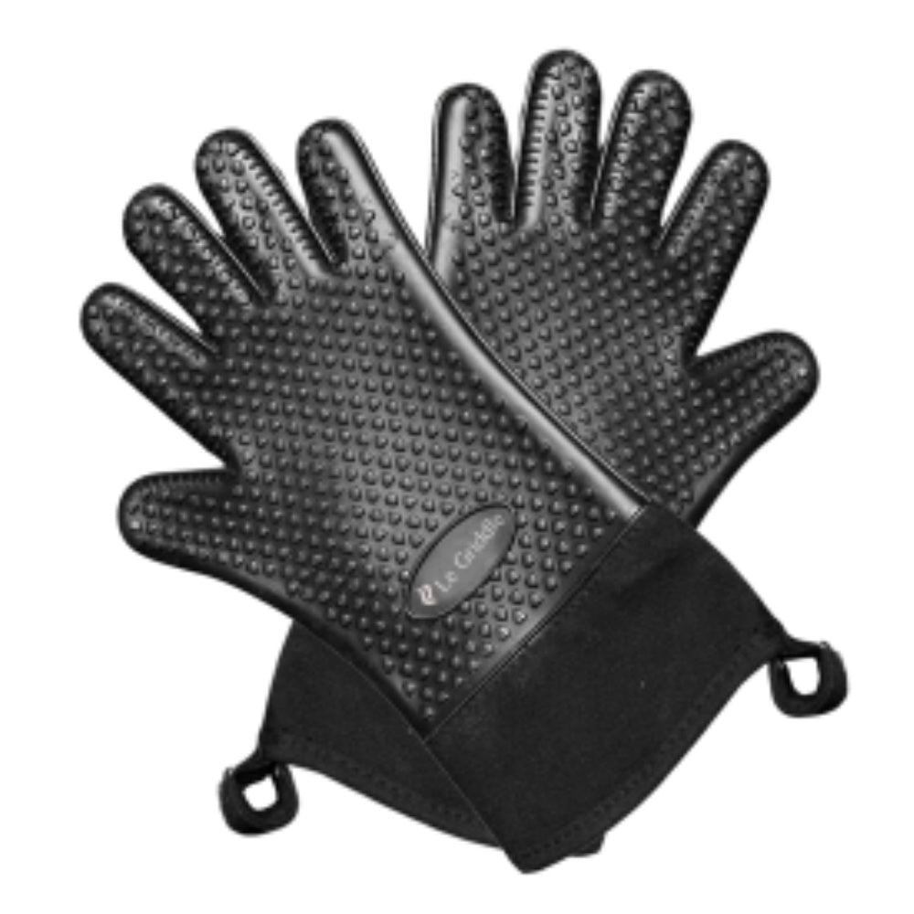 Heat-resistant black silicone gloves with textured grip and hanging loops