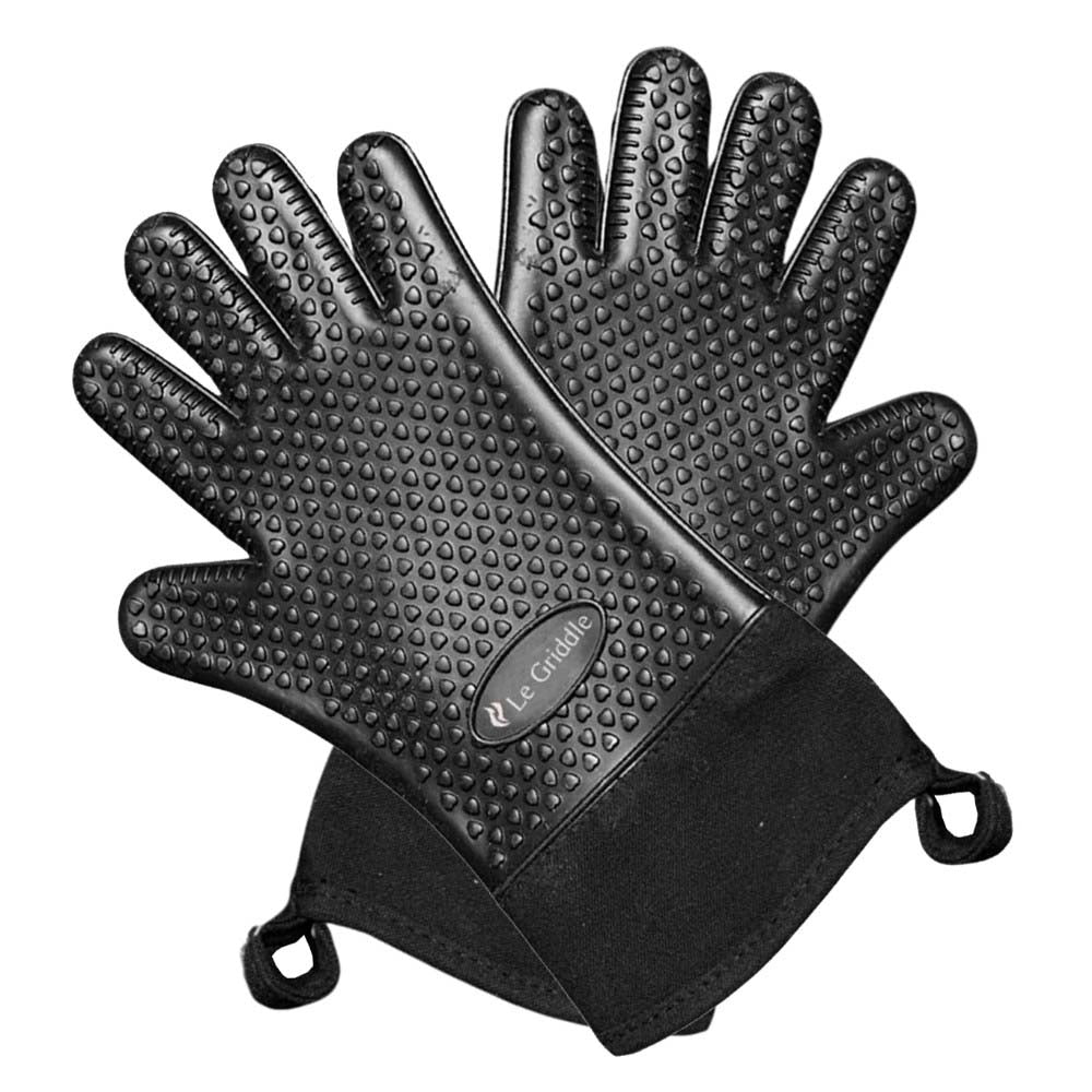 Heat-resistant silicone gloves with textured grip and wrist strap, dark gray