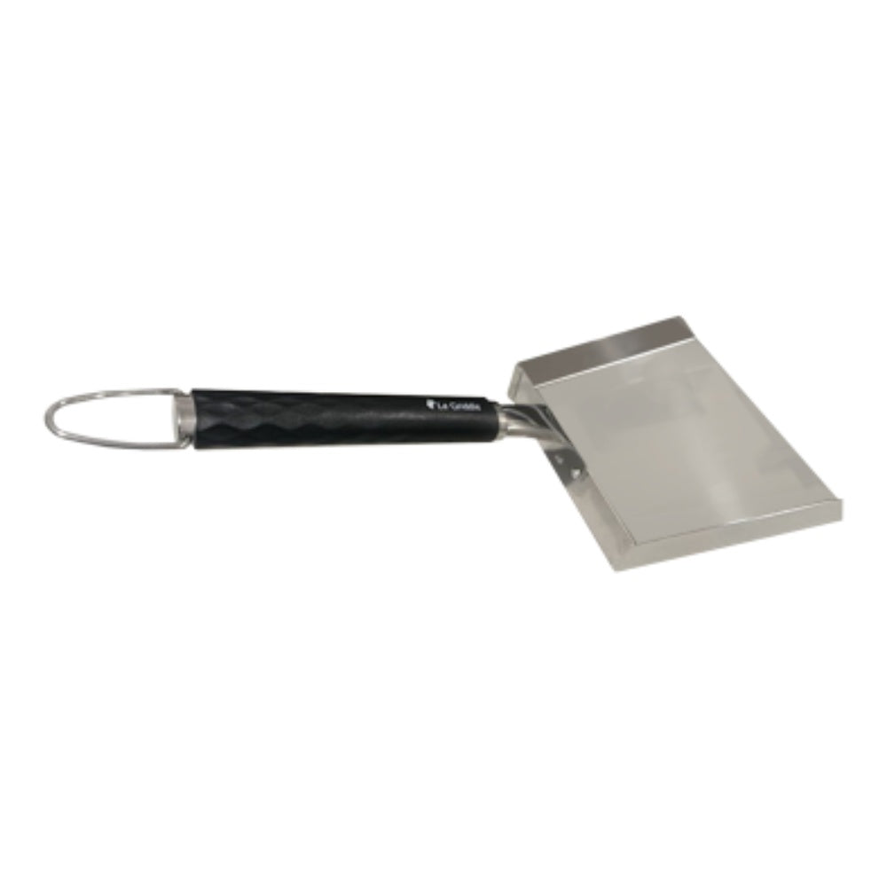 7-inch scoop spatula with black handle and stainless-steel shovel head, oval hanging loop
