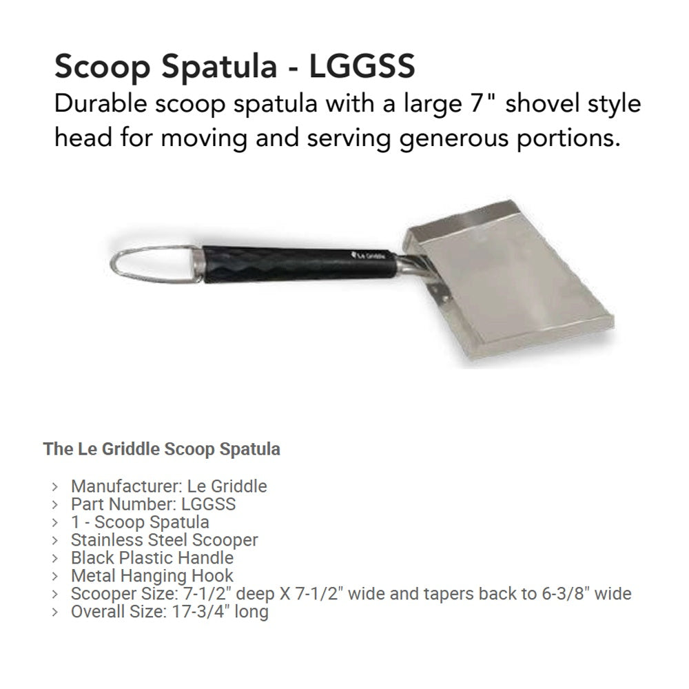 Scoop spatula with wide 7-inch shovel-style head and black grip, oval hanging loop