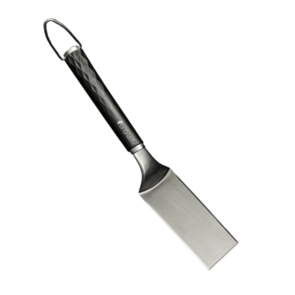 Long stainless steel spatula with black textured handle and hanging loop