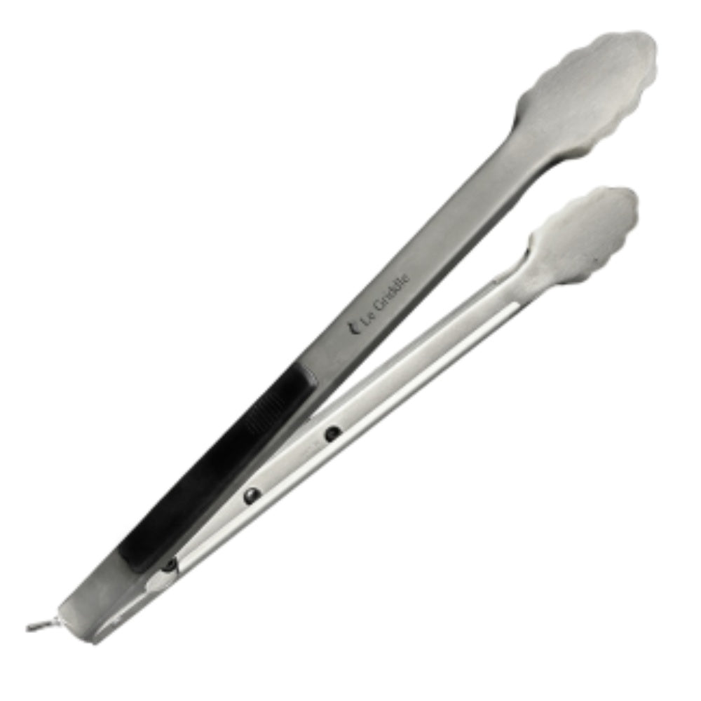 Large stainless steel cooking tongs with soft black non-slip grip handles