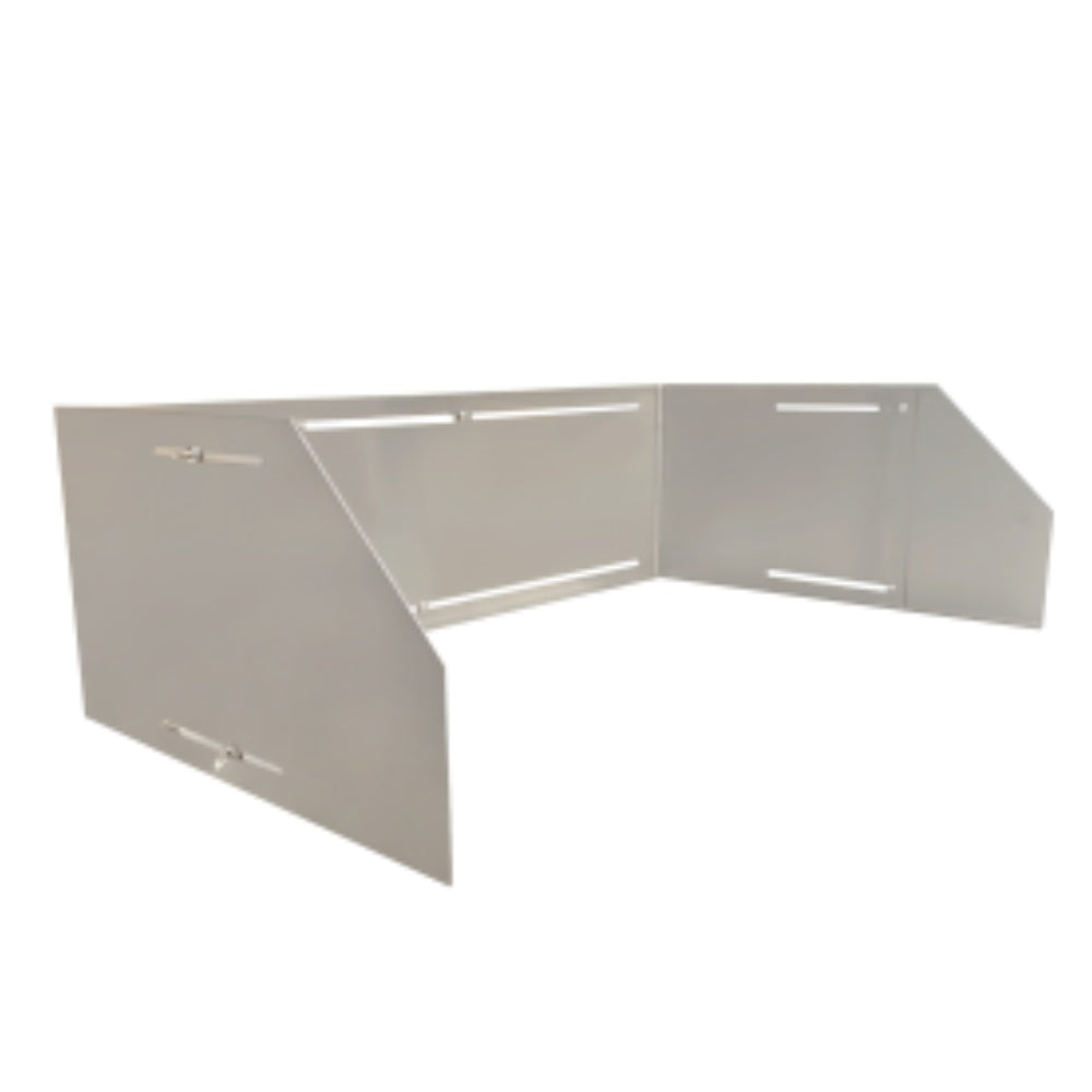 Gray wind guard with angled side panels and rectangular openings for airflow.