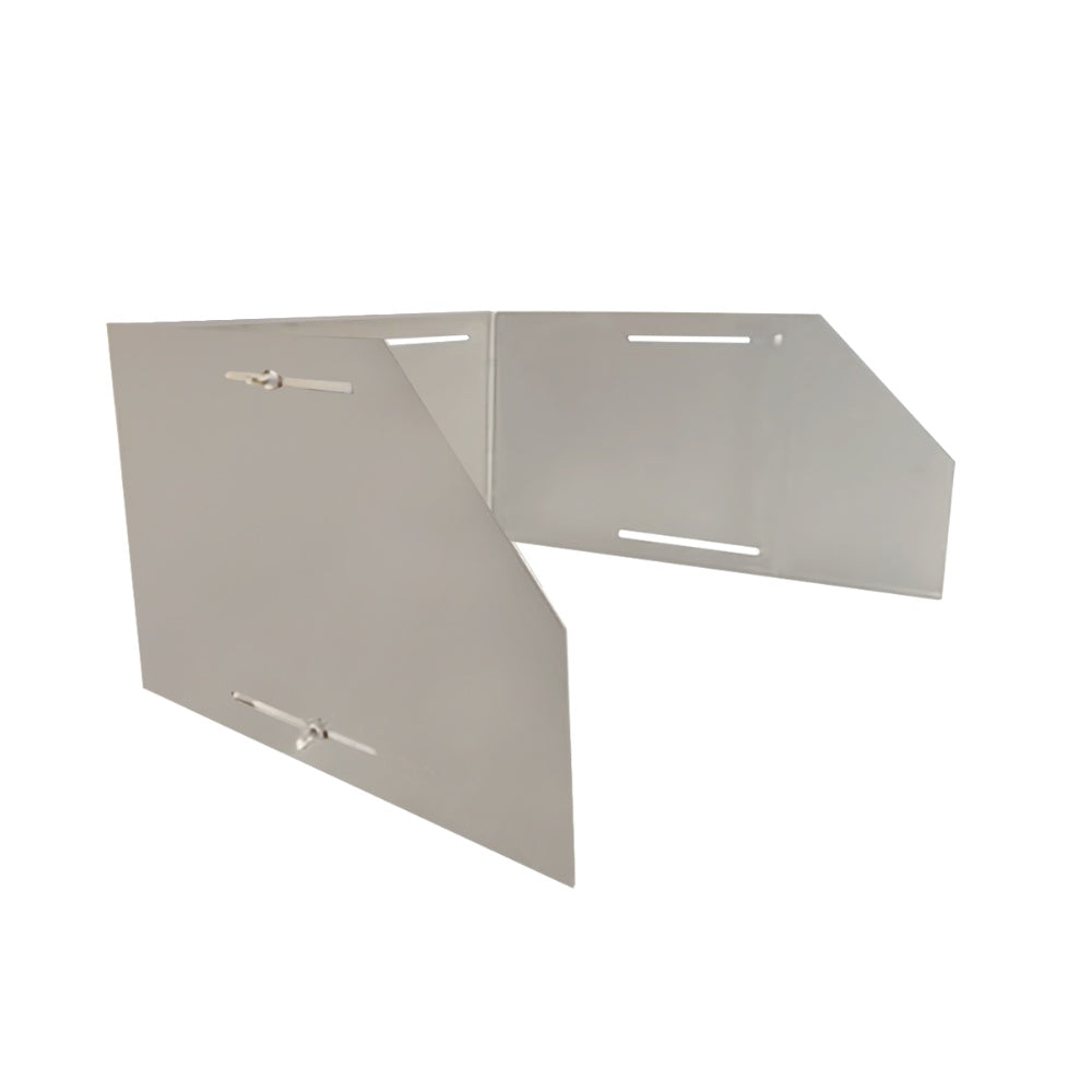 Brushed gray wind guard cover with hinged side sections and fastening brackets.