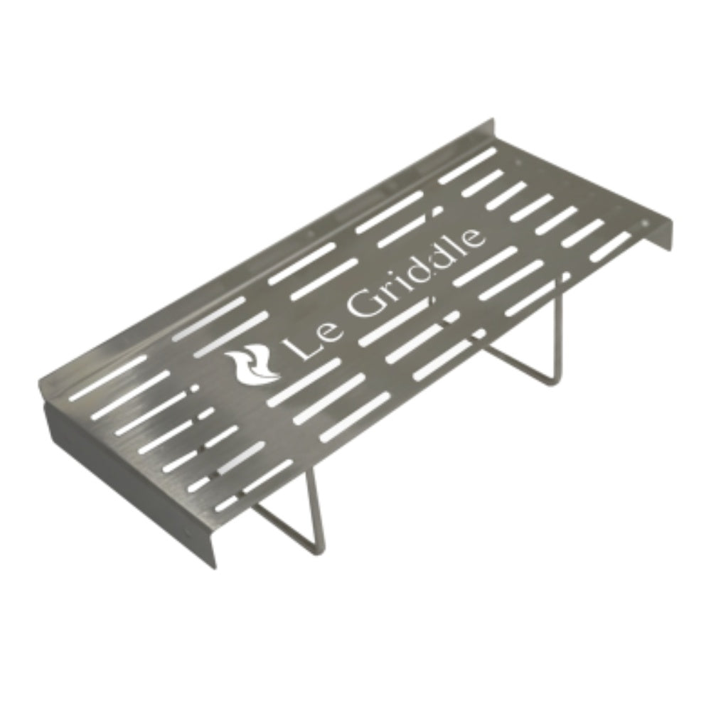 13-inch stainless warming rack with slotted top and folding legs, dark gray finish