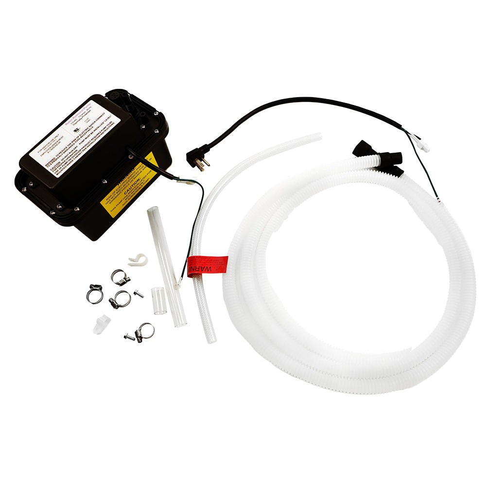 Outdoor ice machine drain pump kit with black pump, white tubing, and fittings