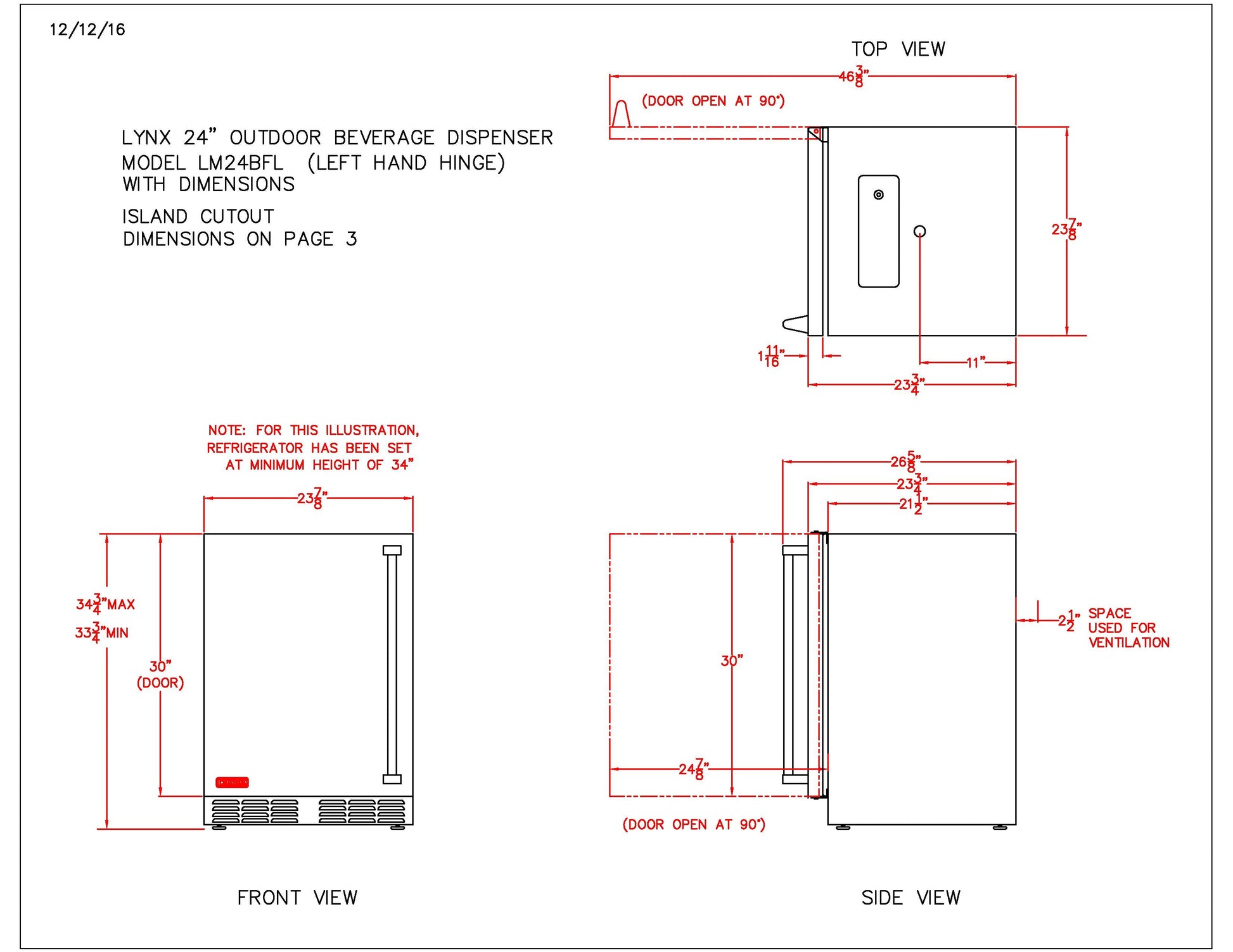 Engineering diagram with front and side views for an outdoor beverage dispenser