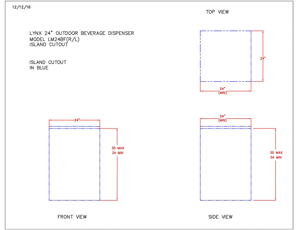 Outdoor beverage dispenser installation cutout and footprint dimensions diagram