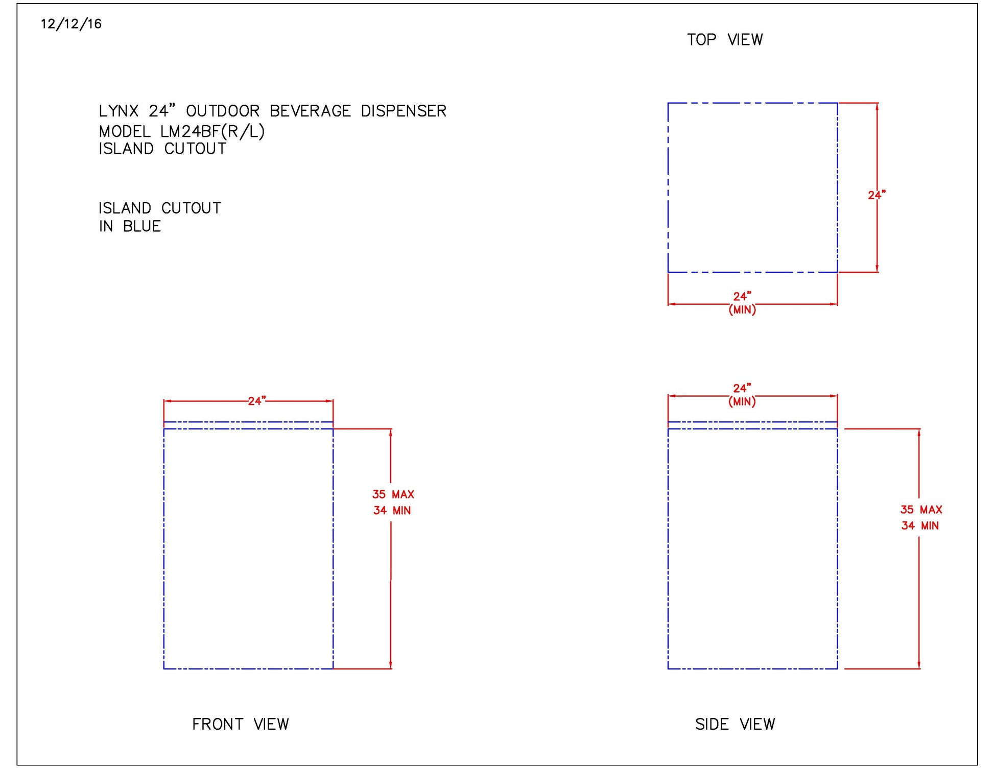 Outdoor beverage dispenser installation cutout and footprint dimensions diagram