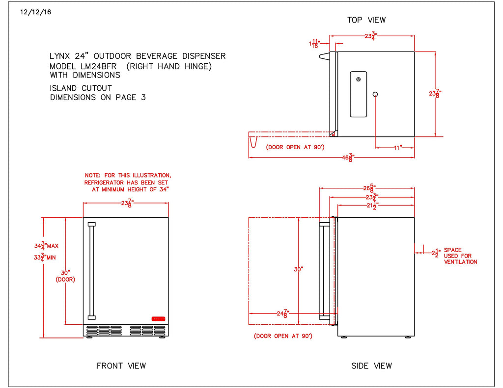 Dimension drawing of outdoor beverage dispenser with right-hinged door