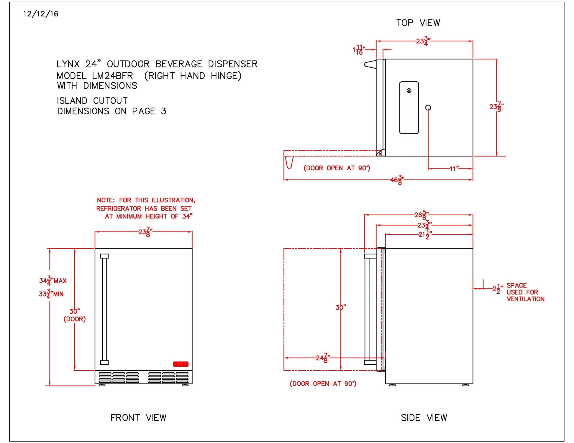 Engineering diagram of outdoor beverage dispenser showing front, top, and side dimensions