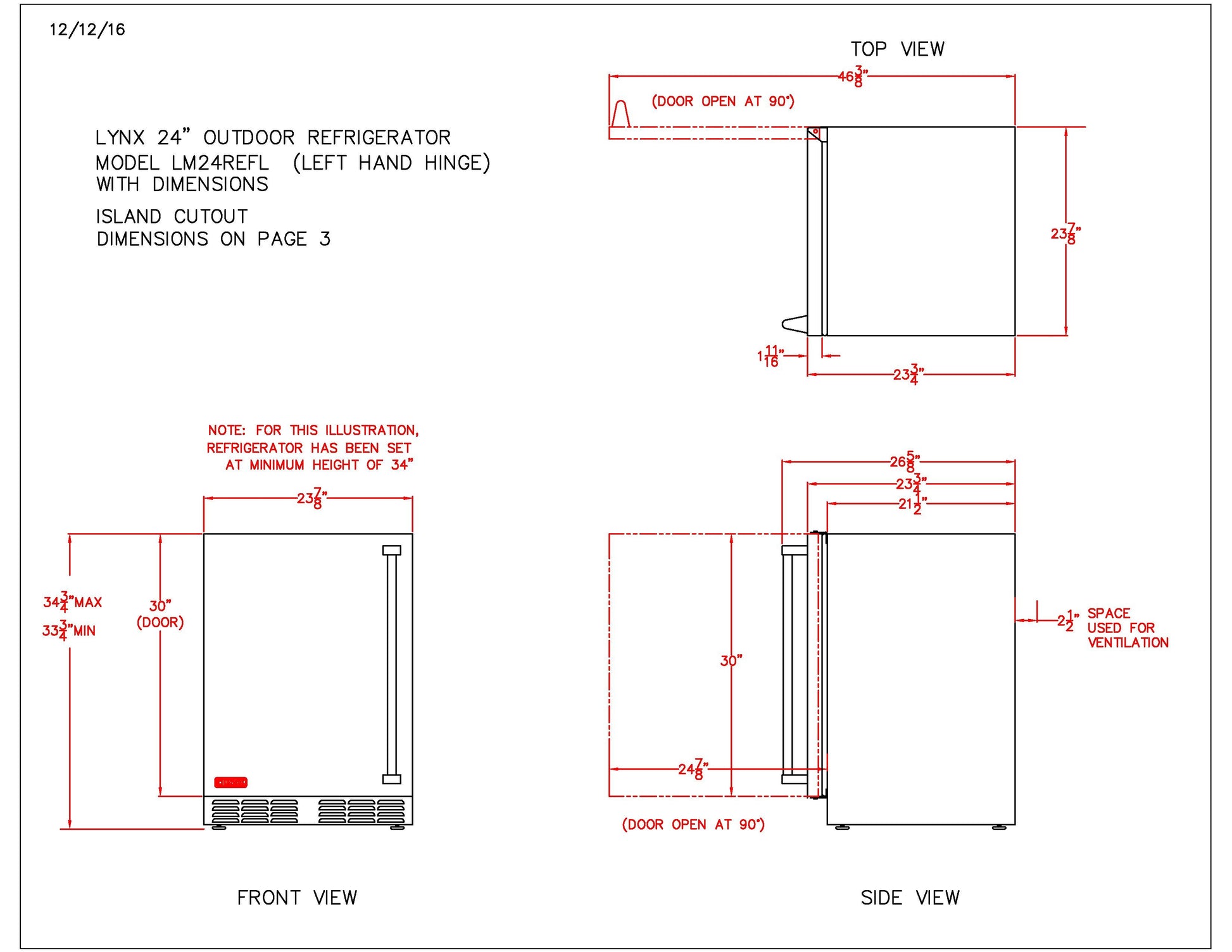 Outdoor refrigerator dimension diagram, left-hand hinge, front and side views