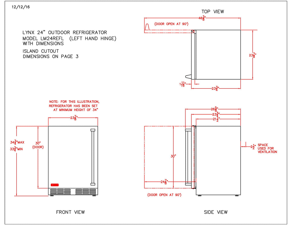 Outdoor refrigerator dimension diagram with front and side measurements for left hinge