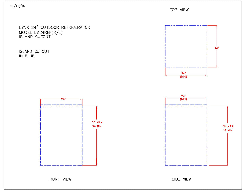Outdoor refrigerator dimension diagram showing island cutout and cabinet dimensions