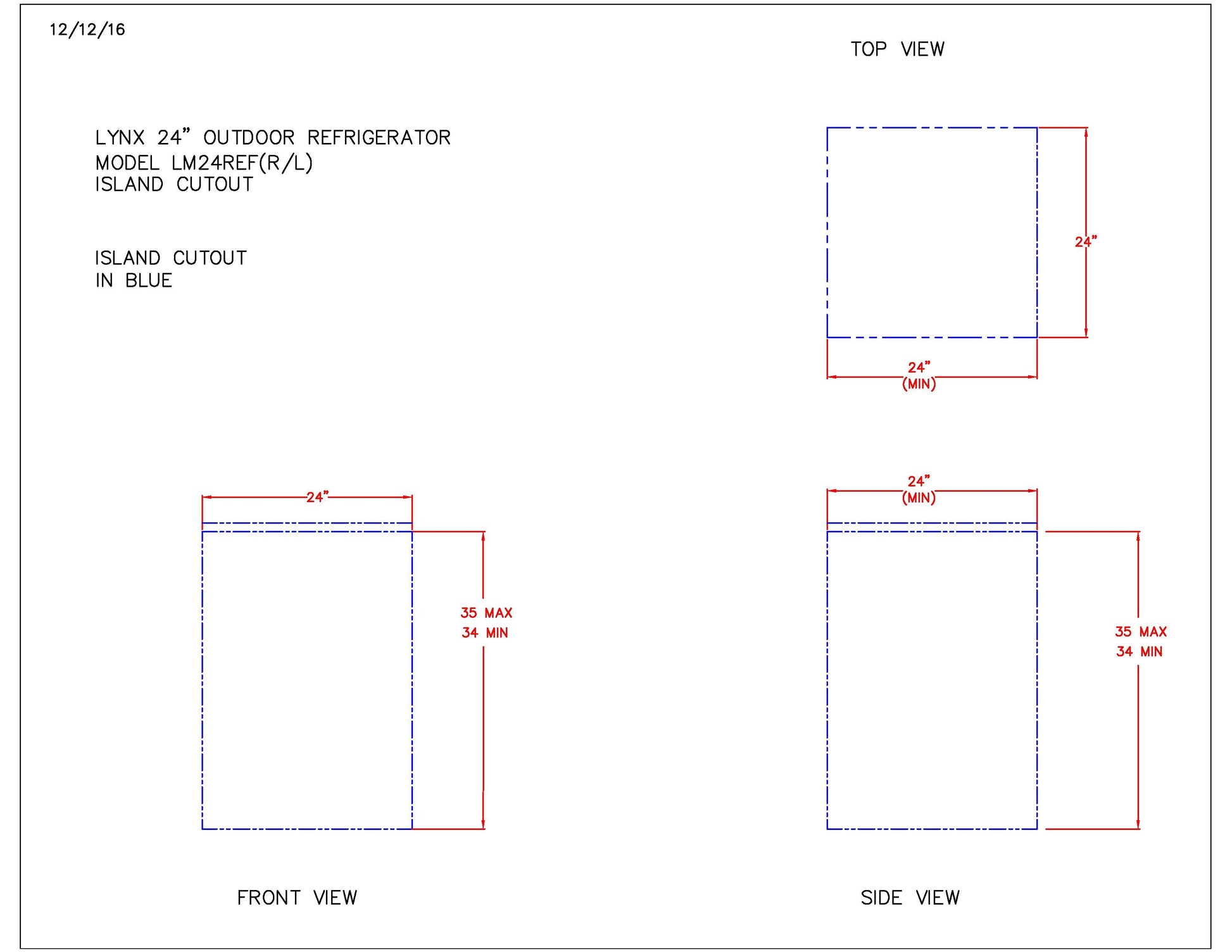 Outdoor refrigerator dimension diagram showing island cutout and cabinet dimensions