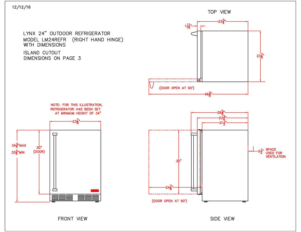 Outdoor refrigerator dimension diagram, right-hand hinge, front and side views