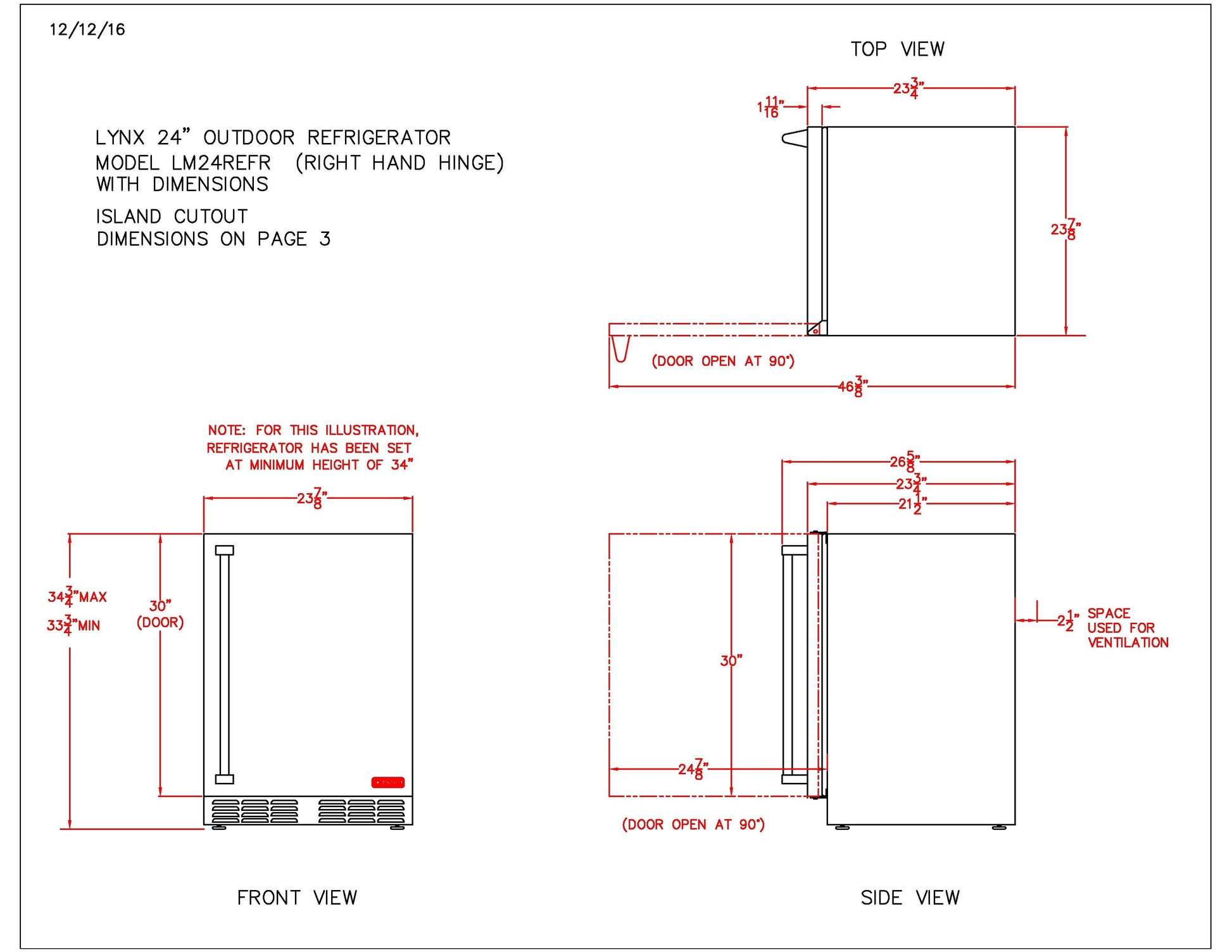Outdoor refrigerator dimension diagram, right-hand hinge, front and side views