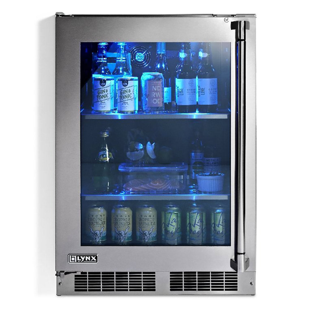 Stainless steel outdoor glass door refrigerator with lit interior shelves and front vents