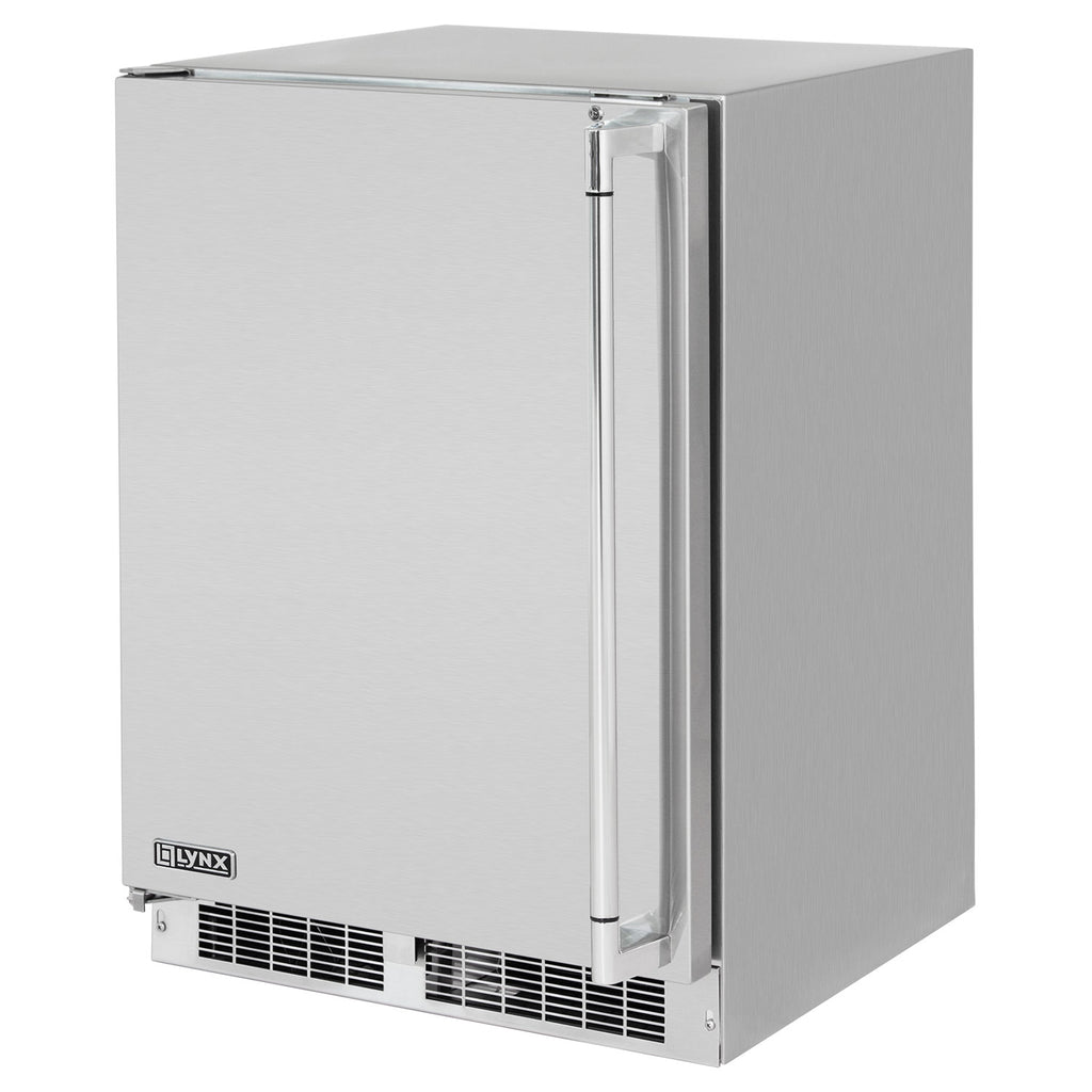 Lynx 24-inch stainless outdoor refrigerator with handle detail and lower vent grilles