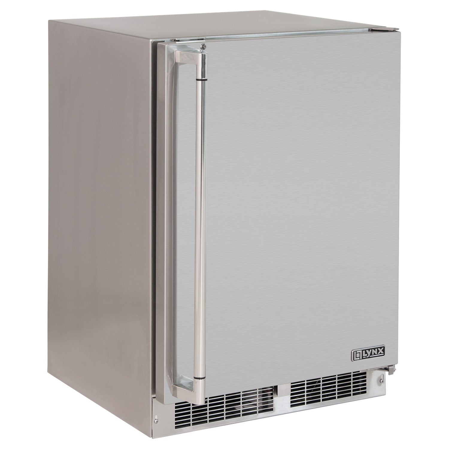 Stainless steel outdoor refrigerator with freezer, closed door, side profile