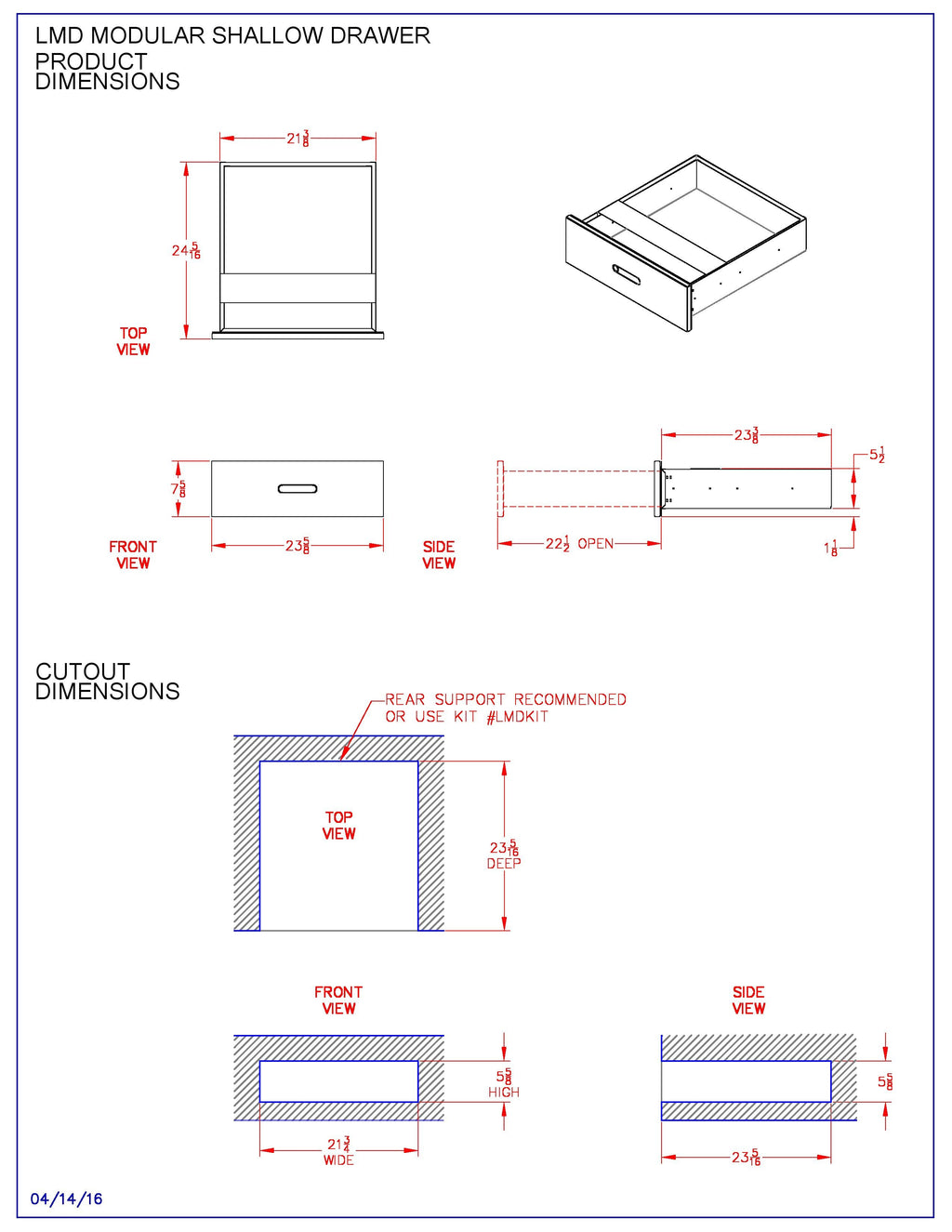 Modular shallow drawer dimension diagram with cutout and multiple views