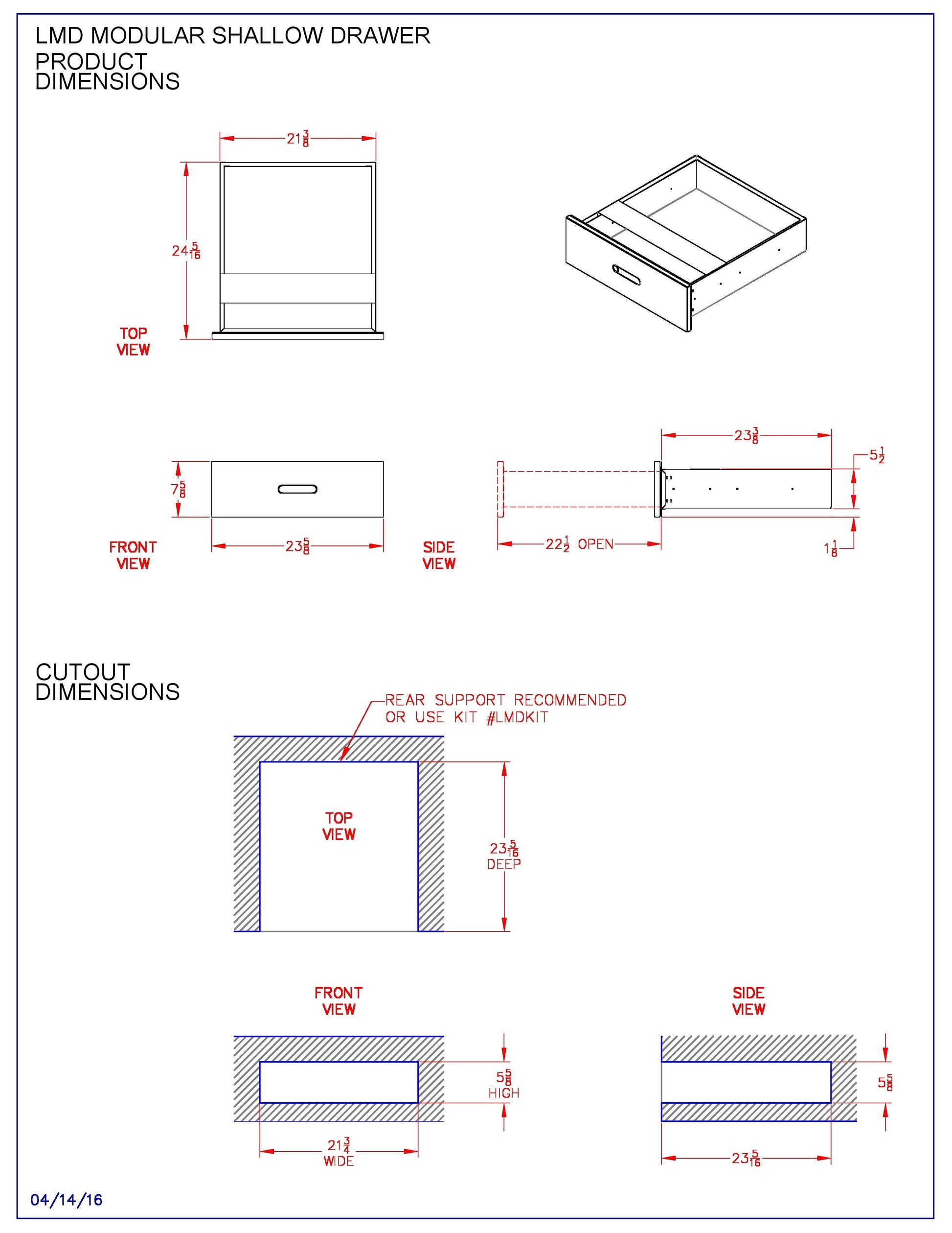 Modular shallow drawer dimension diagram with cutout and multiple views