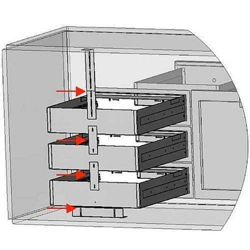 Modular drawer kit with three sliding drawer compartments and guide rails