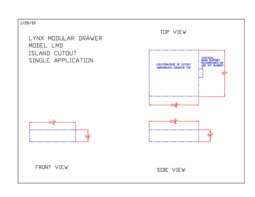 Modular drawer cutout and dimension diagram for single application