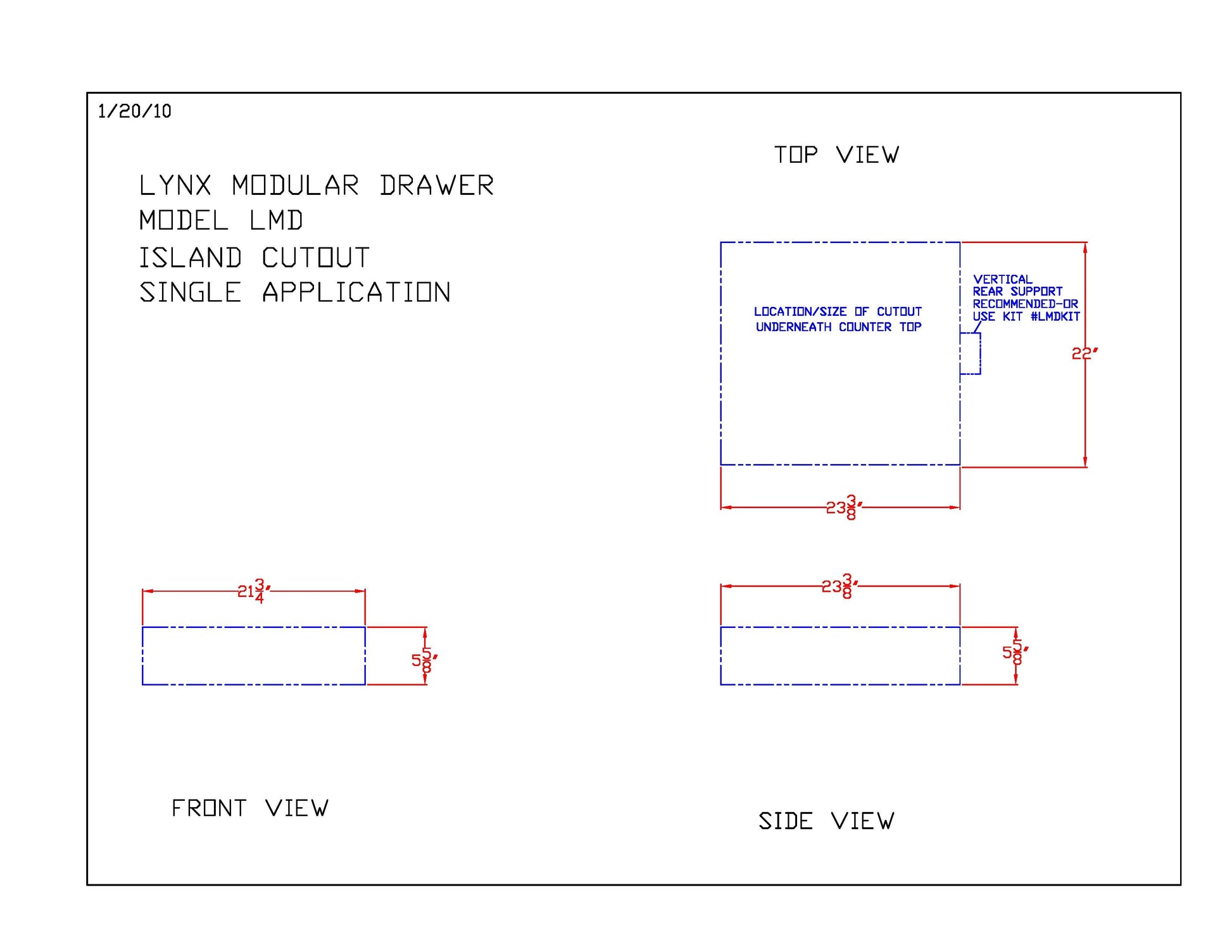Modular drawer cutout and dimension diagram for single application