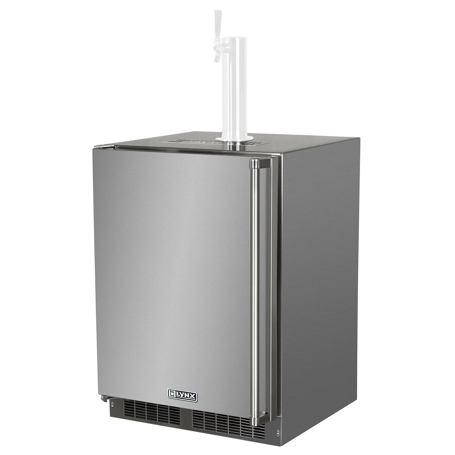 Stainless steel outdoor kegerator with draft tower, front vented grille, closed door