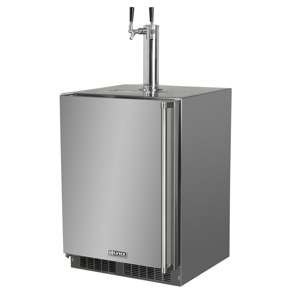 Stainless steel outdoor kegerator with closed front door and double beer taps
