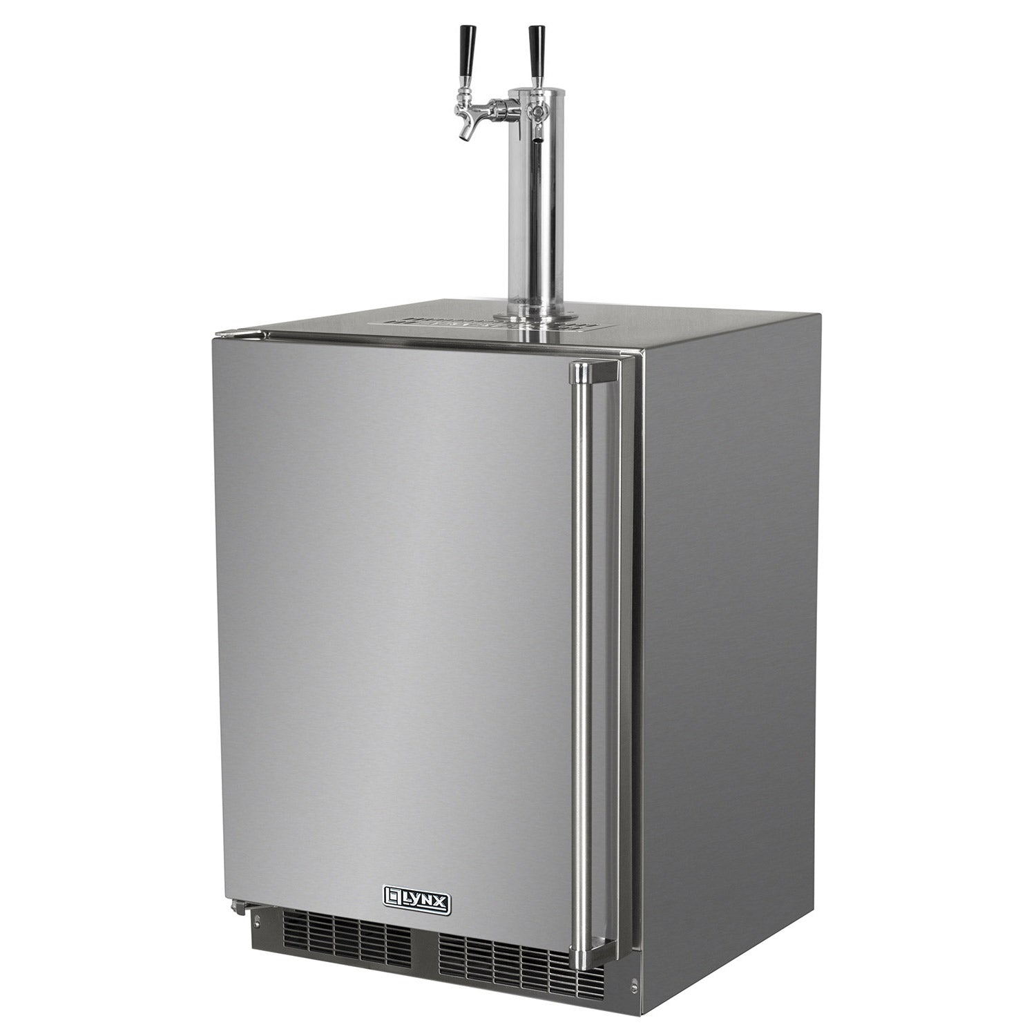 Stainless steel outdoor kegerator with closed front door and double beer taps