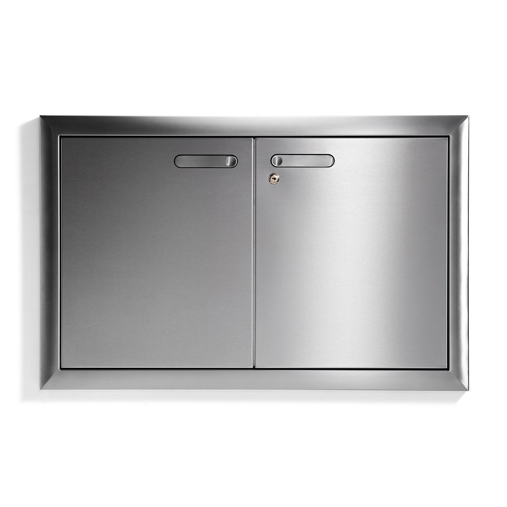 Double-door sealed dry pantry cabinet with flat bar pulls, stainless gray finish.