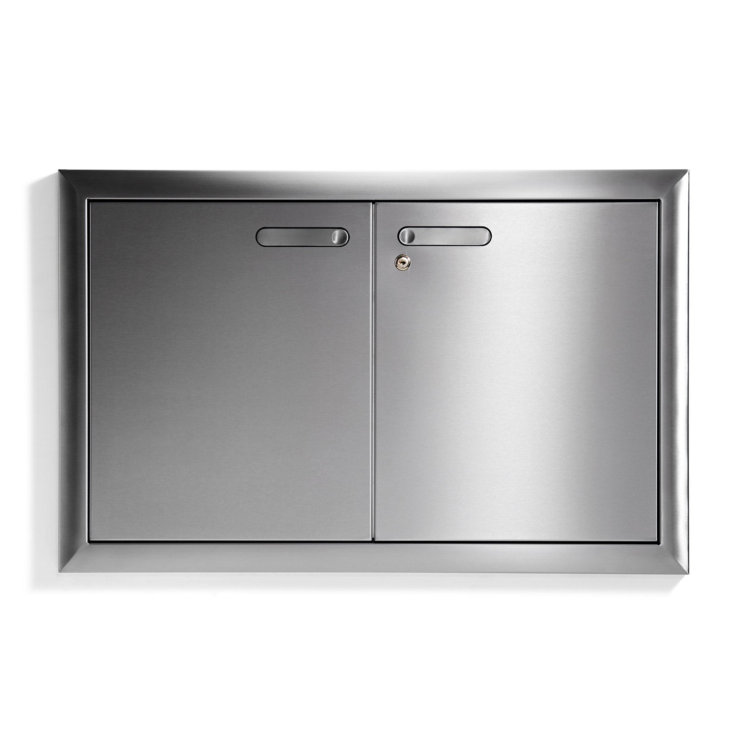Double-door sealed dry pantry cabinet with flat bar pulls, stainless gray finish.