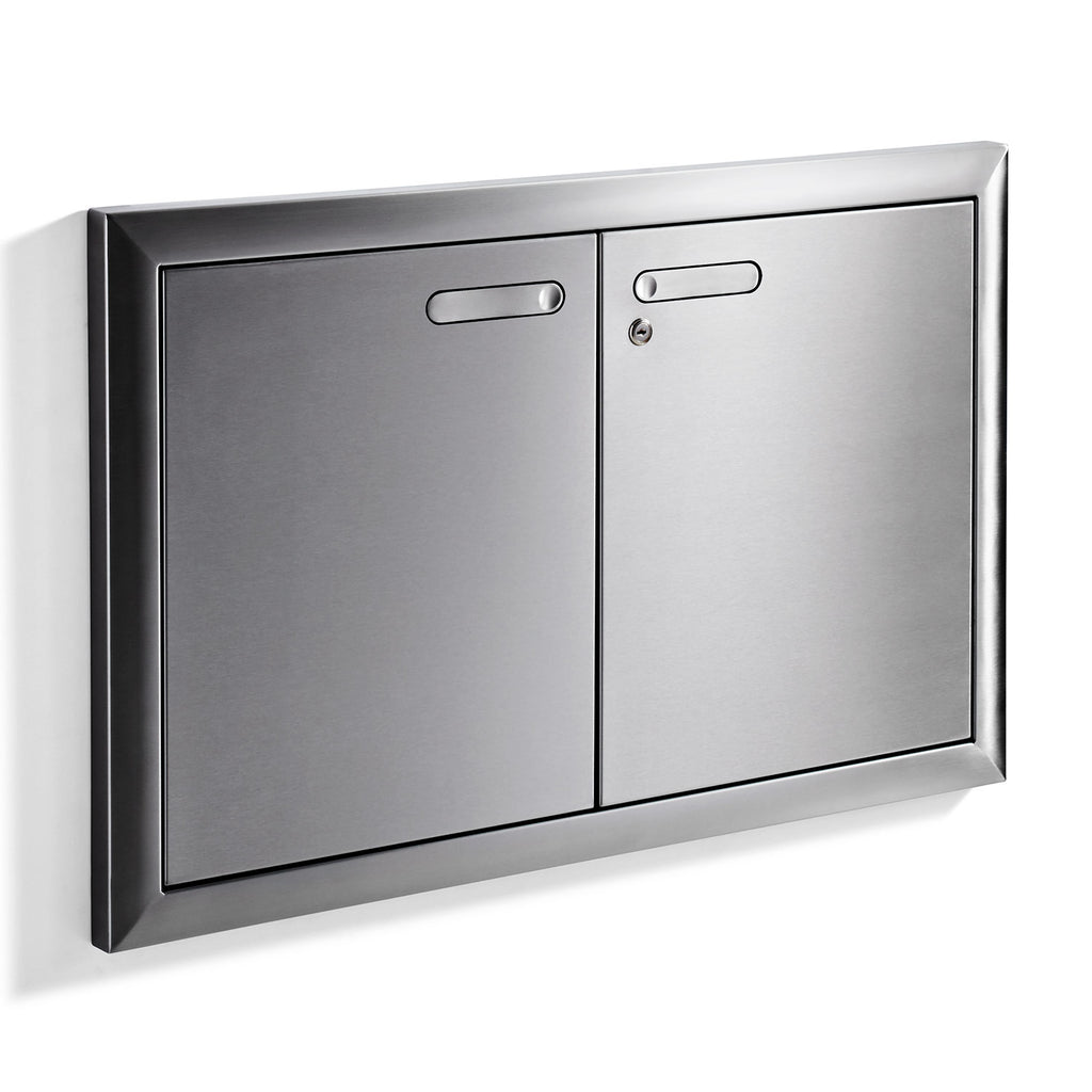 Double-door sealed pantry cabinet, stainless gray, vertical seam and flat bar handles.